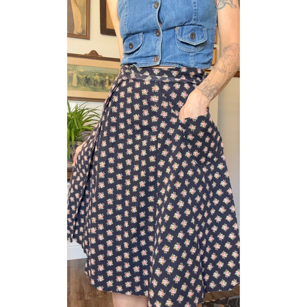 Vintage 70s calico Floral Wrap Skirt Midi A-Line prairie Cottagecore
